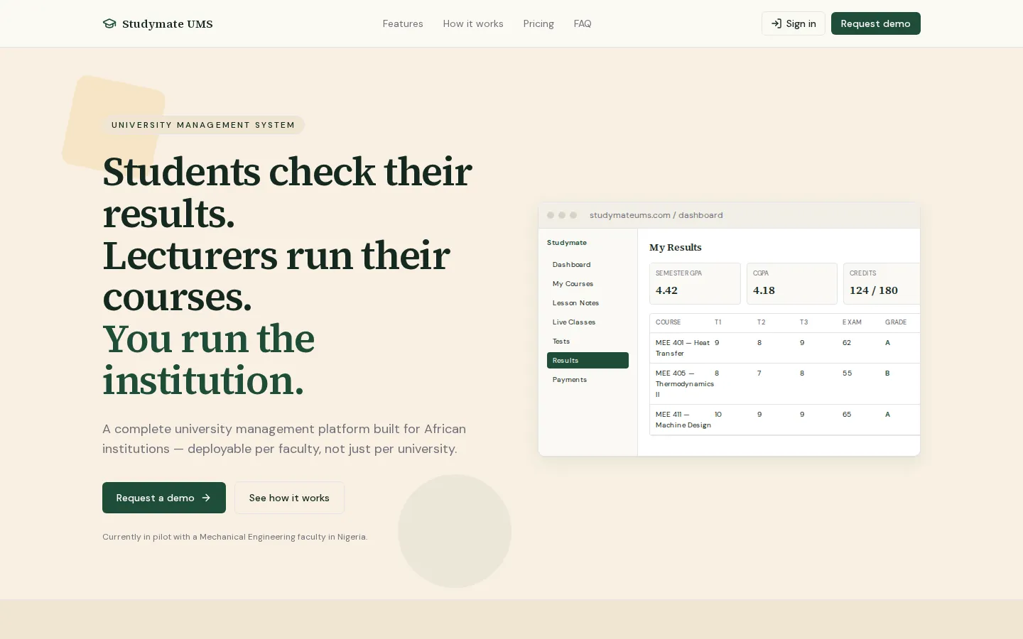 Studymate UMS website showing a student results dashboard